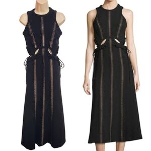 Self Portrait Lace Ruffle Cut Out Midi Fit And Flare Dress Black Nude Size 4